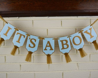 Embossed 'It's A Boy' Banner: Blue & Gold Baby Shower Decoration