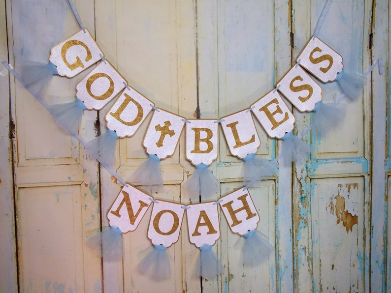 God Bless Banner in Pink and White Embossed Banner with Tulle Christening Decor Girls Baptism Decoration Baptism Banner