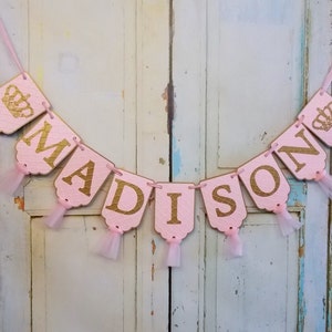 Girls Name Banner with Crowns, Embossed Pink and Gold Banner with Tulle, Princess Birthday Decoration Royal Baby Shower, Girl Nursery Banner image 4