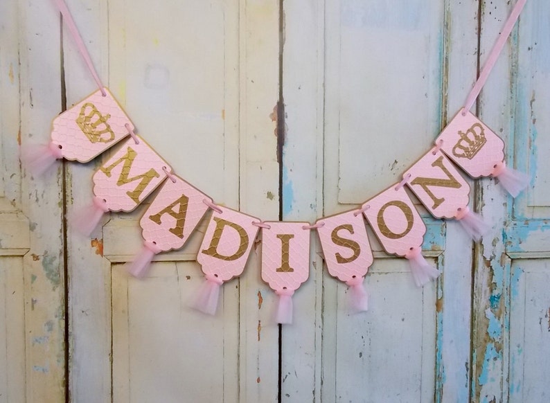 Girls Name Banner with Crowns, Embossed Pink and Gold Banner with Tulle, Princess Birthday Decoration Royal Baby Shower, Girl Nursery Banner image 4