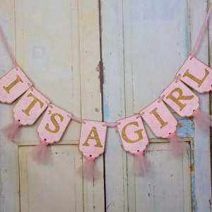 It's A Girl Banner, Pink and Gold Baby Shower Decoration, Baby Girl Shower Decoration, Baby Girl Banner, Gender Reveal Party Decoration image 3