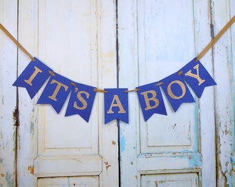 Royal Blue & Gold 'It's A Boy' Banner: Baby Shower Decor