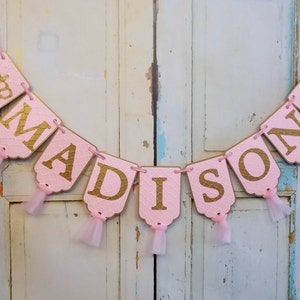 Girls Name Banner with Crowns, Embossed Pink and Gold Banner with Tulle, Princess Birthday Decoration Royal Baby Shower, Girl Nursery Banner image 2