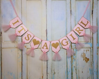 Extra Large It's A Girl Banner with Hearts, Pink and Gold Banner with Tulle, Girl Baby Shower Decoration, Pink and Gold Baby Shower Banner