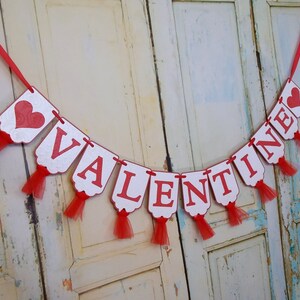 Valentine Banner with Hearts, Heart Embossed Red and White Banner with Tulle, Valentine's Decoration, Valentine's Banner, Holiday Banner image 4