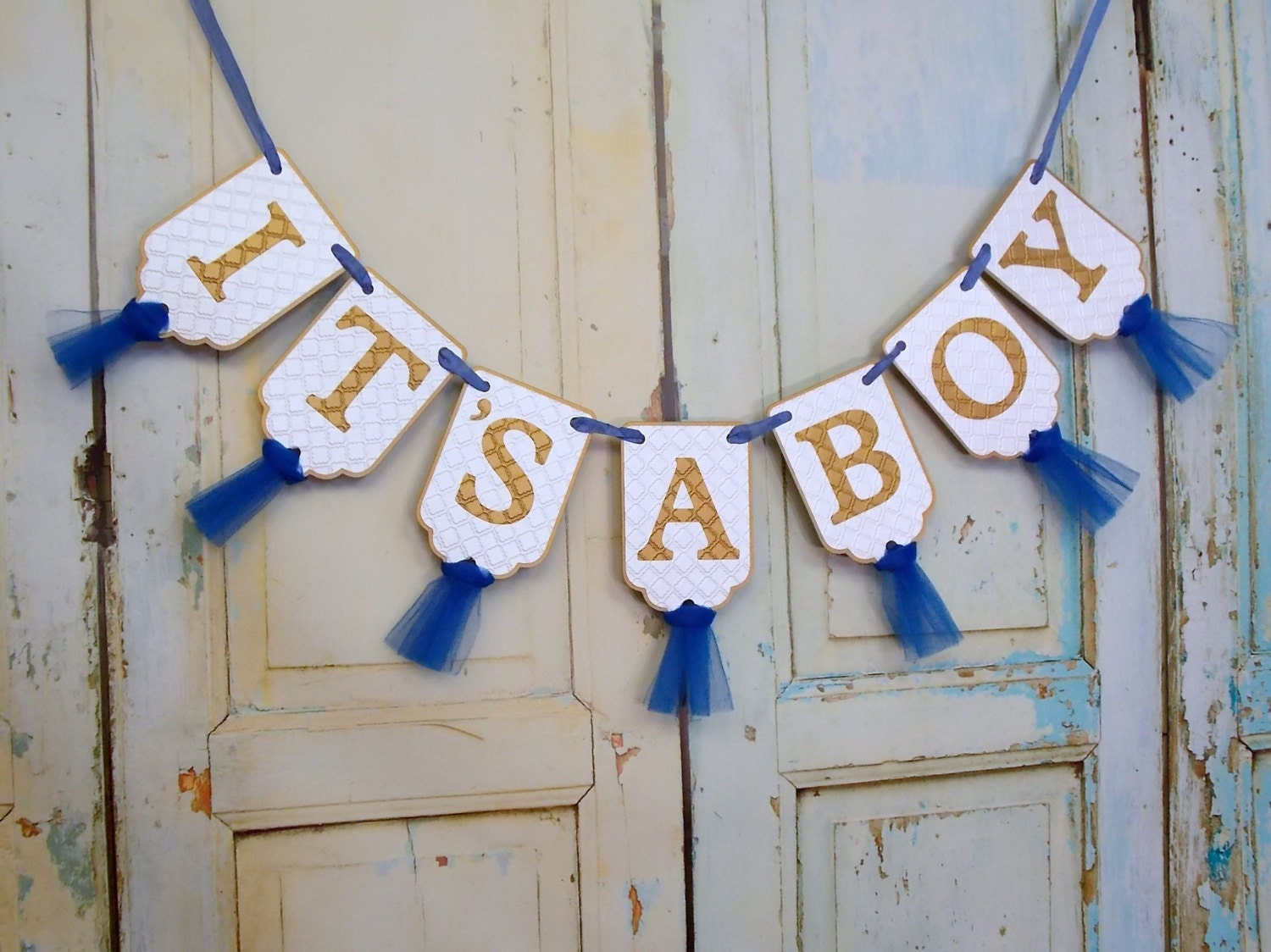 It's A Boy Banner Embossed White Blue and Gold Banner - Etsy