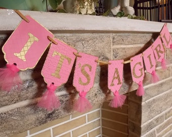 It's A Girl Banner, Embossed Banner with Tulle in Pink and Gold, Baby Girl Banner, Baby Shower Decoration, Pink and Gold Banner