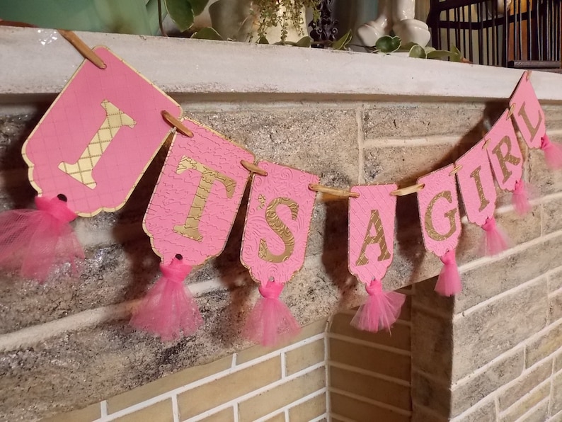 It's A Girl Banner Embossed Banner With Tulle in Pink and Etsy
