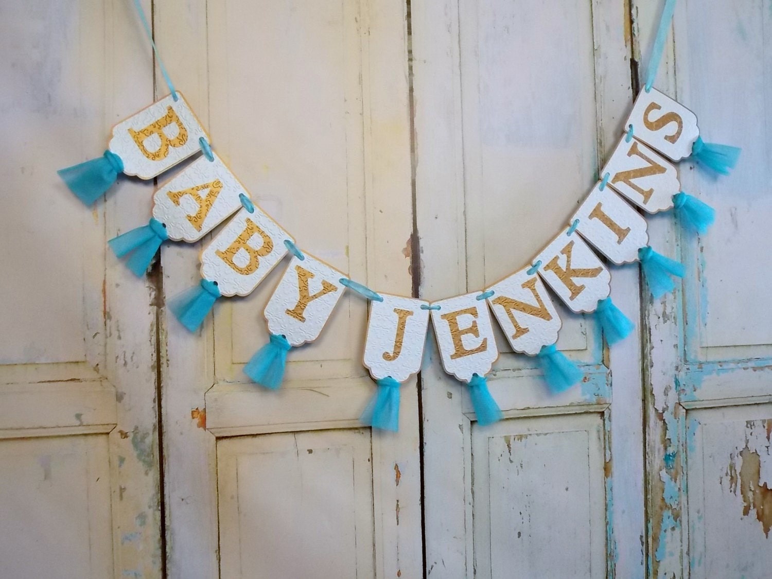 Custom Baby Shower Banner Aqua Turquoise and Gold Embossed - Etsy