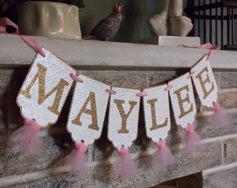 Girls Name Banner, Cream, Pink and Gold Banner with Tulle, Girl's Birthday Banner, Girl Baby Shower Decoration, Girl Nursery Sign,