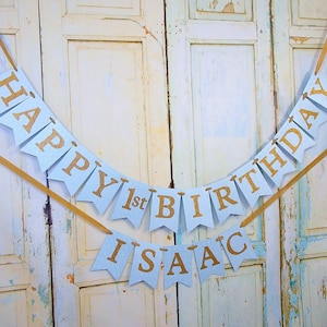 Blue and Gold Happy 1st Birthday Banner: Embossed Party Decoration