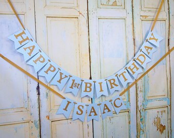 Blue and Gold Happy 1st Birthday Banner: Embossed Party Decoration