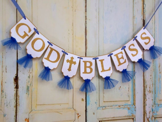 God Bless Banner White Blue And Gold Baptism Decoration Etsy