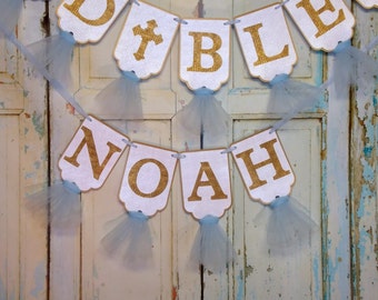 God Bless Baptism Banner: White, Blue & Gold Christening Decor