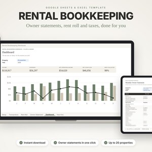 May include: A digital rental bookkeeping template for Google Sheets and Excel featuring a dashboard with bar charts and a monthly owner statement. The interface displays financial data, including income, expenses, and net cash flow for properties.