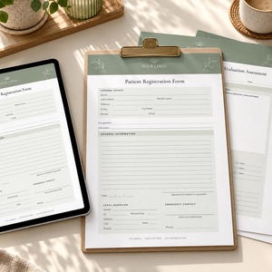 May include: A digital tablet and a clipboard displaying a Patient Registration Form with a sage green header featuring a logo and leaf illustrations. The form includes sections for personal details, general information, and emergency contact information.