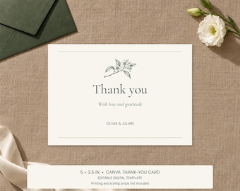 Botanical Wedding Thank You Card Template for Canva, Green and Ivory 5x3.5 Card Front
