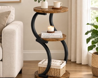 3 Tier Round Side Table, Rustic Brown End Table, S Shaped Metal Nightstand