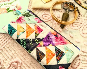 Quilted Zipper Pencil Case, upcycled quilt zipper pouch, Floss Keeper Bag