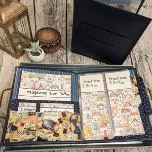 Travel Fabric and Navy Faux Leather Ministry Folder with Front Pockets or Clear Front Pocket, Ministry Organizer, Gifts, Pioneer Gifts