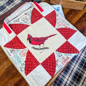 Vintage Cardinal Cross Stitch Project Keeper: Quilted Embroidery Organizer