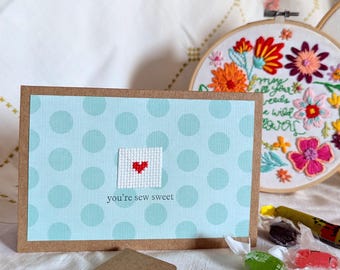 Handmade Cross Stitch Heart Card: 'You're Sew Sweet' Greeting