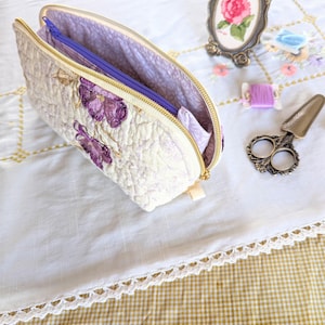 Upcycled Quilted Embroidered Dumpling Pouch: Zippered Cosmetic Bag