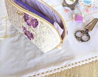 Upcycled Quilted Embroidered Dumpling Pouch: Zippered Cosmetic Bag