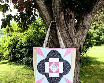 Hand Quilted Leather Tote Bag: Vintage Embroidery Sugar Plum Design