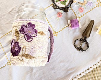 Lavender Quilted Jar Cozy: Embroidered Sourdough Starter Warmer