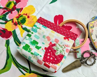 Small Upcycled Strawberry Applique Snap Pouch