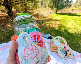 Embroidered Jar Cozy: Vintage Washday Decor, Sourdough Warmer