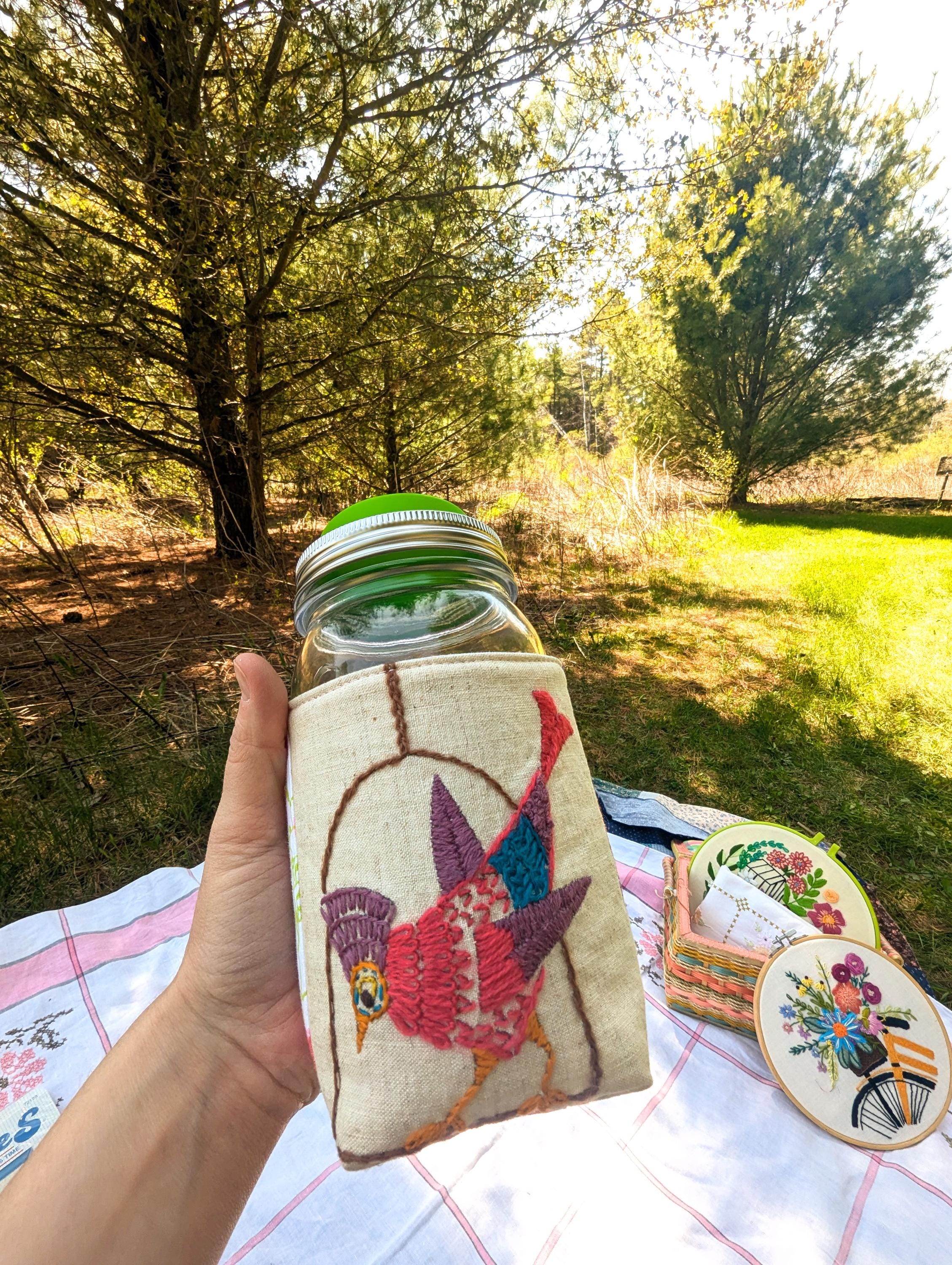 Embroidered Jar Cozy: Vintage Sourdough Starter Warmer, Thread Catcher