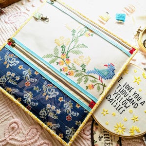 Cross Stitch Project Keeper, Vintage Tablecloth, Embroidery Organizer, Craft Bag