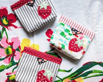 Upcycled Strawberry Applique Snap Pouch