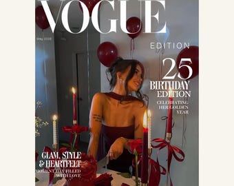 Może przedstawiać: Cyfrowy szablon magazynu urodzinowego zawierający ponad 65 w pełni edytowalnych stron. Okładka zawiera tekst VOGUE, 25 BIRTHDAY EDITION, CELEBRATING HER GOLDEN YEAR oraz GLAM, STYLE & HEARTFELT. Przedstawia osobę z tortem, świecami i balonami.