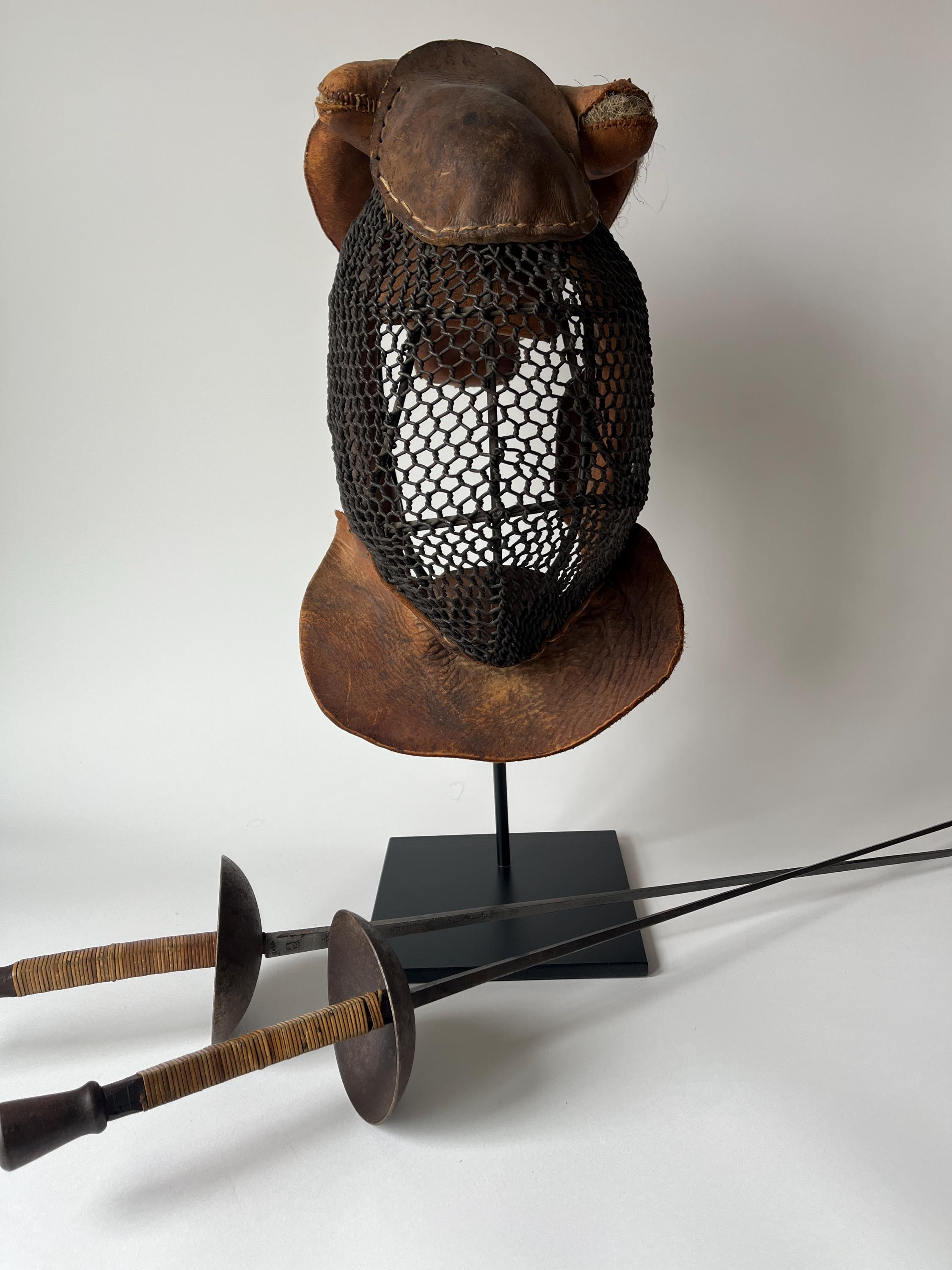 Antique Fencing Mask on Custom Iron Stand with Foils