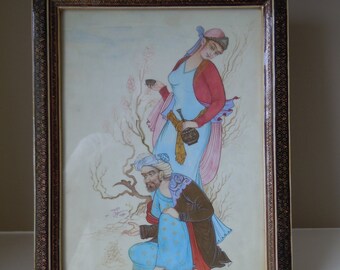 Vintage Persian Gouache Painting with Decorative Inlay Frame