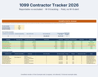 Small Business 1099 Contractor Tracker 2026, W-9 Log and Payment Log Spreadsheet, Excel, Google Sheets