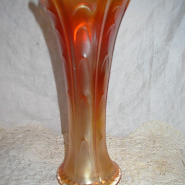 Dugan Marigold Carnival Glass Pulled Loop Vase 9 3/4" tall