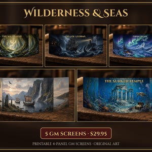 Wilderness & Seas GM Screen Bundle, 5 Printable DM Screen Inserts, Forest, Pirate Seas, Frost, Viking and Sunken Temple, 4 Panel TTRPG Art