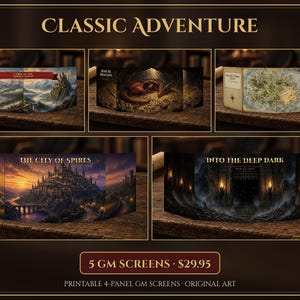 Classic Adventure GM Screen Bundle, 5 Printable DM Screen Inserts, Banner, Dragon, Map, Citadel and Dungeon, 4 Panel TTRPG Art