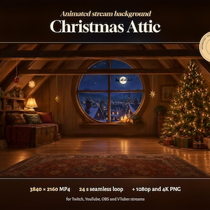 Könnte beinhalten: Ein animierter Stream-Hintergrund mit dem Titel Christmas Attic, der einen Dachboden aus Holz mit einem großen runden Fenster mit Blick auf eine verschneite Stadt bei Nacht, einen beleuchteten Weihnachtsbaum und eine gemütliche Sitzecke zeigt.