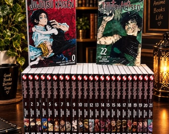 May include: A collection of Jujutsu Kaisen manga volumes by Gege Akutami, featuring volume 0 and volume 22 displayed upright. The set includes a row of volumes numbered 1 through 21, with black spines and illustrated character artwork.