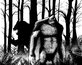 Bigfoot & Dogman Forest 11x17 SIGNED Pop Art Wall Decor Print