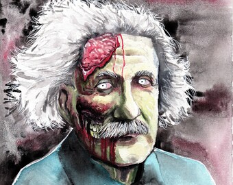 Zombie Einstein Original 11x14 Acrylic Horror Parody Portrait Painting