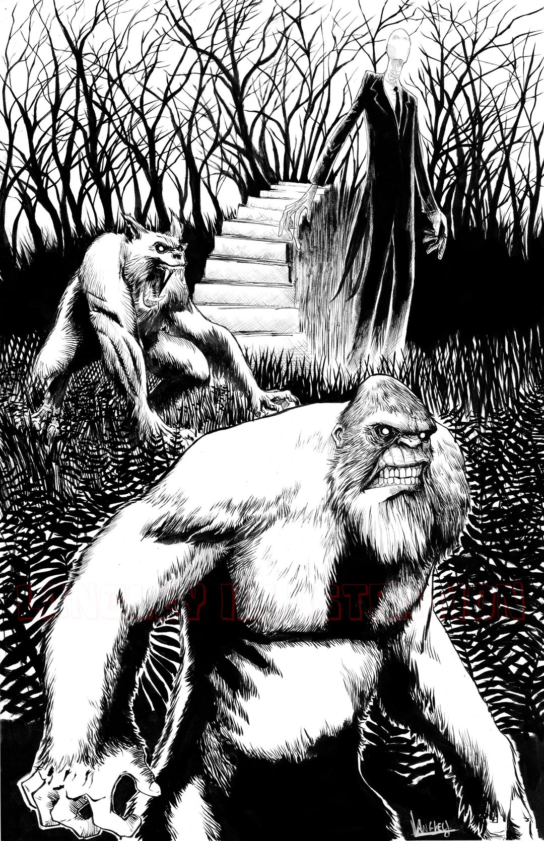 人気の Bigfoot Dogman Wall Art Pop SIGNED 11x17 Forest Slenderman 絵画