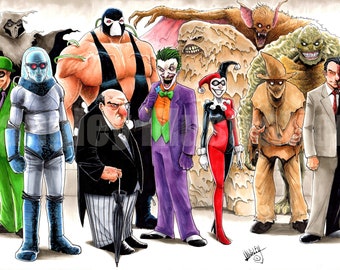 Batman Rogues Gallery w/ Joker, Harley Quinn, Penguin, Killer Croc, Bane - Signed 11x17" Art print