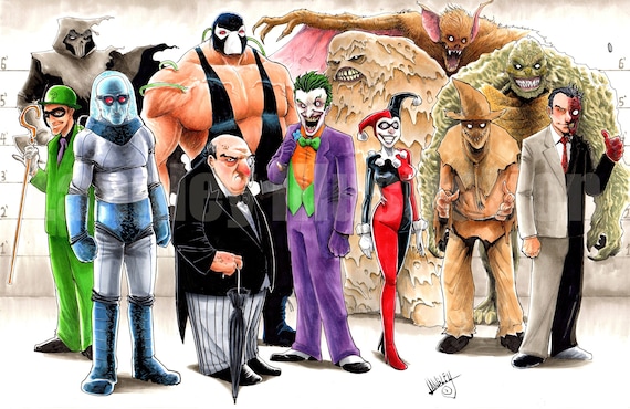 Batman Rogues Gallery w/ Joker, Harley Quinn, Penguin, Killer Croc, Bane -  Signed 11x17 Art print