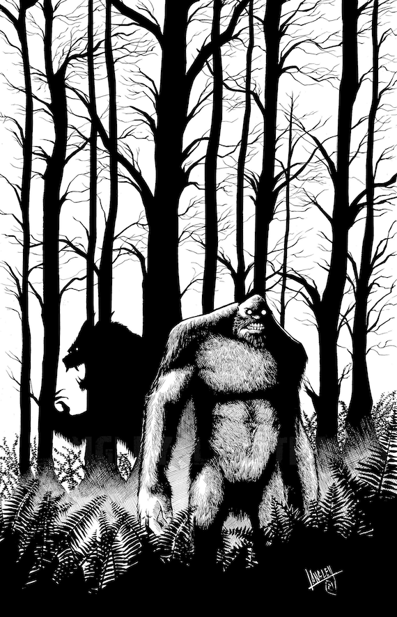 Bigfoot & Dogman Forest 11x17 SIGNED Pop Art Wall Decor